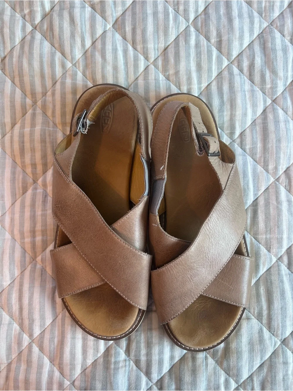 Keen Lana Criss Cross Slingback Taupe Leather Sandals Size 10.5